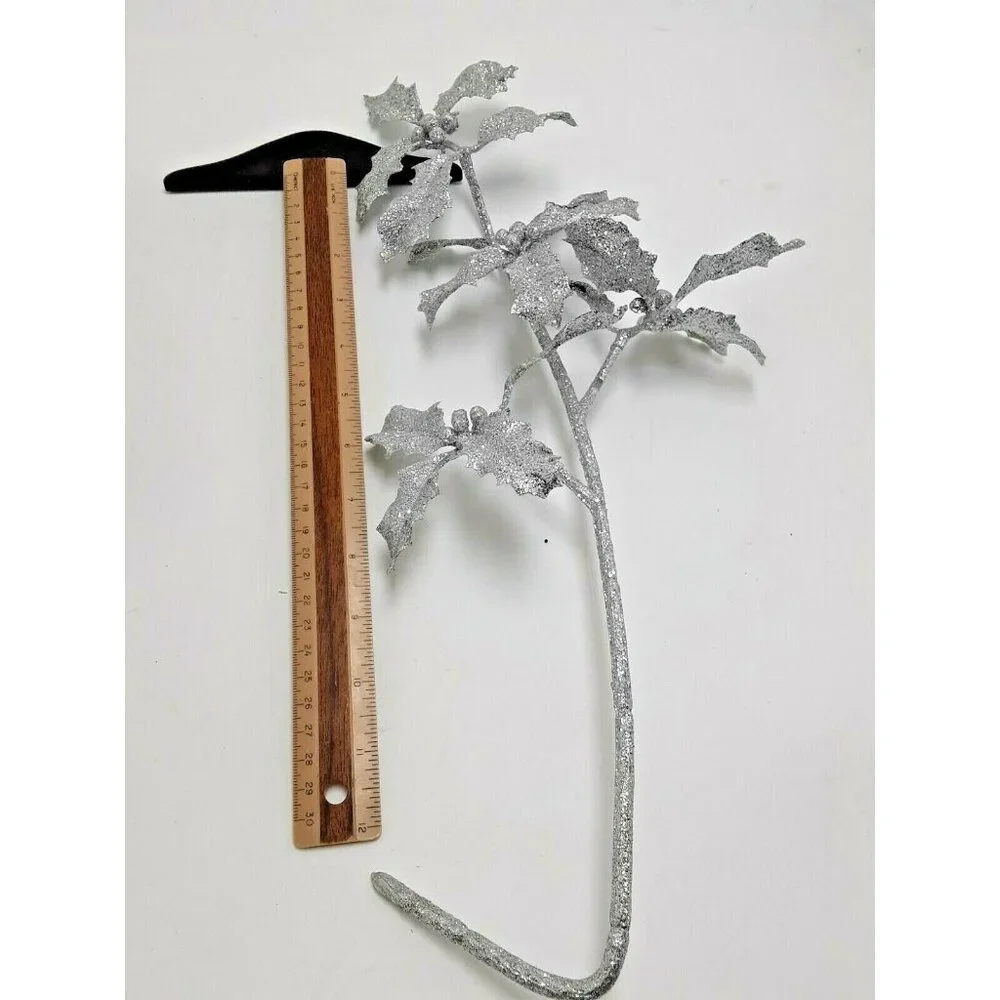 Vintage Holly Floral Branch Silver Glitter Stems Artificial NOS